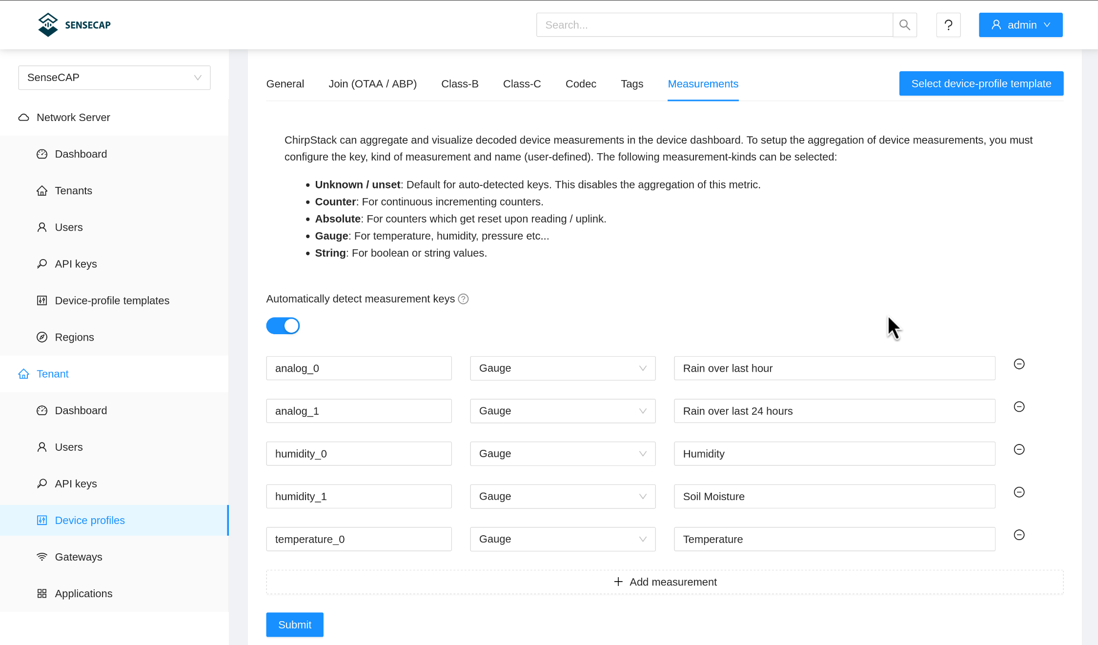 Chirpstack Device profiles Measurements